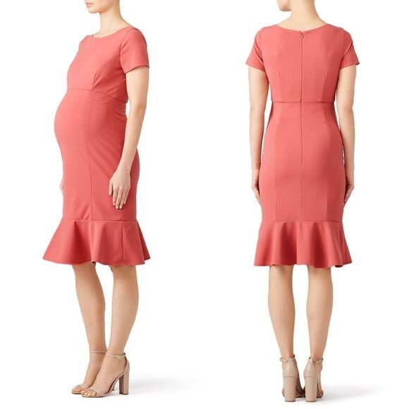 Paper Crown Anthro Maternity Sheath Ruffle Hem Midi Dress in Dusty Rose Pink M - Picture 1 of 8